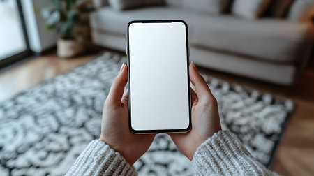 Mockup image of a woman's hands holding a smartphone with a white screen in the living roomの素材