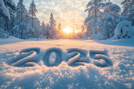 Happy new year 2015. Beautiful winter landscape in the snowy forest.の素材
