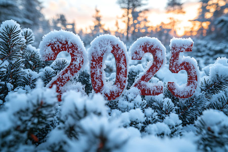 Happy New Year and Merry Christmas. The inscription on the background of the winter forest.の素材