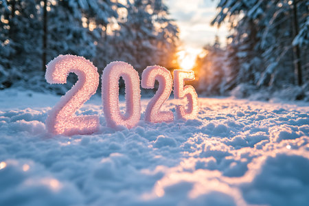 Happy New Year 2015. The inscription is written in the snow.の素材