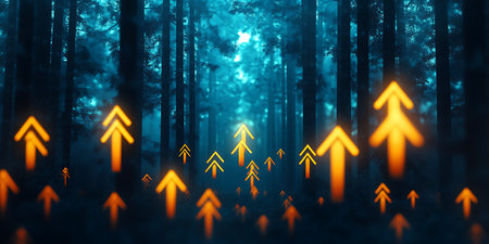 A mystical forest scene with glowing orange arrows pointing upwards, creating a surreal and futuristic atmosphere.の写真素材