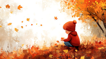 A child in a red jacket and hat sits among autumn leaves, surrounded by trees with vibrant fall foliage. The scene is peaceful and captures the essence of autumn.の写真素材
