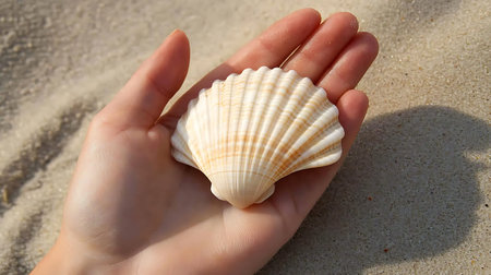 A hand holding a white seashell on a sandy beach, capturing a serene and natural moment.の写真素材