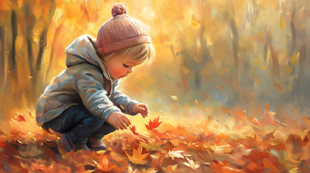 A young child in a warm jacket and hat crouches among colorful autumn leaves, exploring the vibrant foliage in a sunlit forest.の写真素材