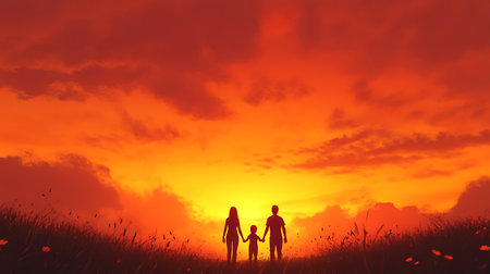 A silhouette of a family holding hands, walking through a field at sunset with a vibrant orange sky.の写真素材