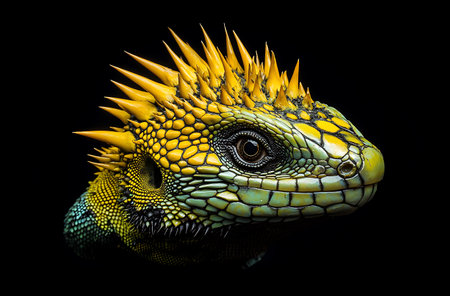 Close-up of a colorful lizard with vibrant yellow spikes on a black background.の写真素材
