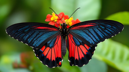 A vibrant butterfly with blue and red wings perched on a flower with green leaves in the background.の写真素材