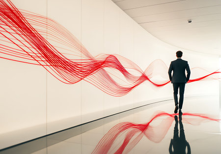 Businessman in modern interior with flowing red lines. 3D Renderingの写真素材