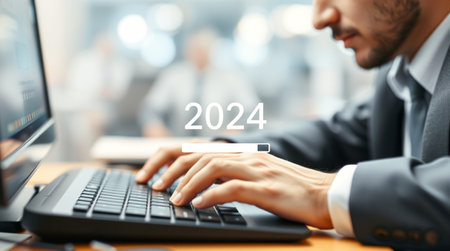 A businessman typing on a laptop with a progress bar and '2024' displayed, symbolizing future planning or goals.の写真素材