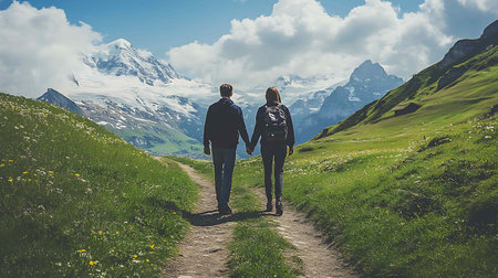 A couple holding hands walks along a scenic mountain path with snow-capped peaks in the background, surrounded by lush green meadows and wildflowers under a partly cloudy sky.の写真素材