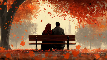 Silhouette of a couple sitting on a bench in the autumn parkの素材