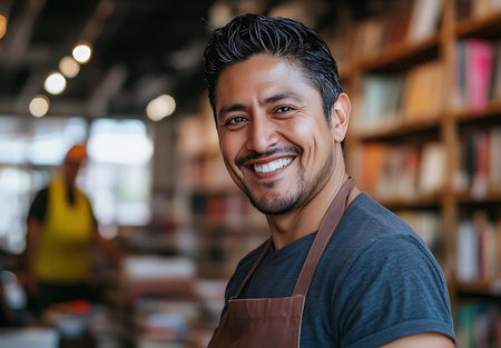Portrait of smiling man in apron looking at camera in libraryの素材
