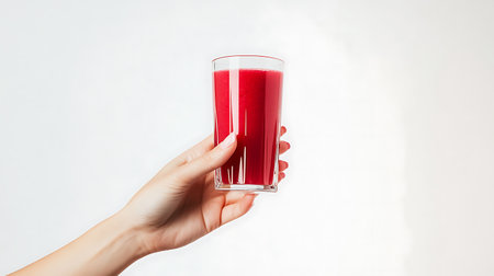 Woman's hand holding a glass of red smoothie on white backgroundの素材