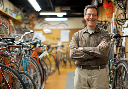Portrait of smiling mature man standing with crossed arms in bicycle shopの素材
