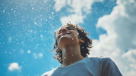 Portrait of a boy with curly hair in the rain against the blue skyの素材