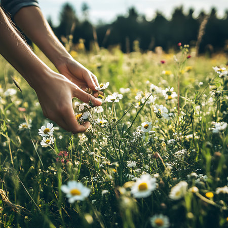 Woman's hand picking chamomile flowers in the meadowの素材