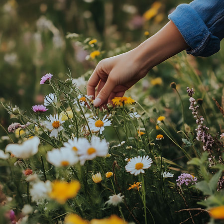Child picking wild flowers in summer meadow. Little girl picking chamomile and daisies.の素材