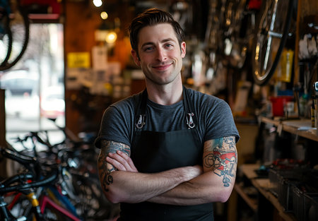 Portrait of a handsome young man standing with arms crossed in a bicycle repair shopの素材