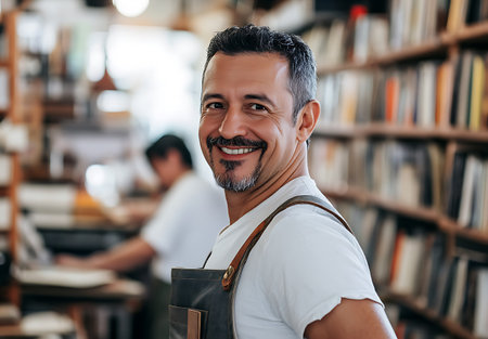 Portrait of a handsome mature man in apron looking at camera and smiling while standing in libraryの素材