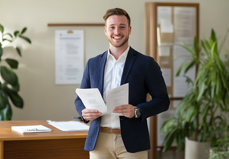 Portrait of a smiling young businessman standing in office, holding documentsの素材