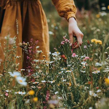 cropped view of woman touching wild flowers in meadow on sunny dayの素材