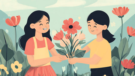 Girl giving flowers to her friend in the garden. Vector illustration.の写真素材