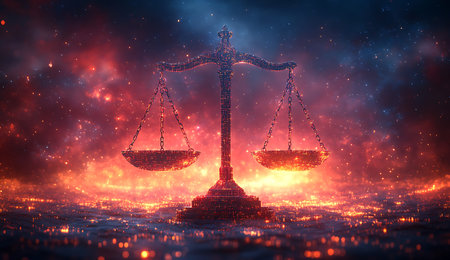 Scales of justice on the background of the night sky. 3d illustration.の写真素材