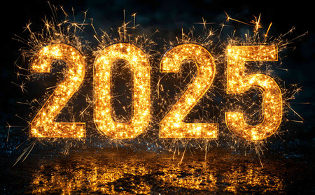Happy New Year 2015 written with Sparkle firework on black background.の写真素材