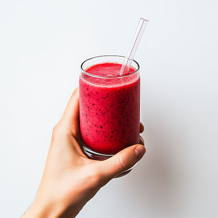 Fruit smoothie in a glass cup in female hand on a white backgroundの写真素材