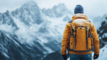 Hiking man with backpack on the background of snowy mountains in winterの写真素材