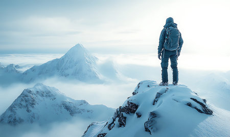Hiker standing on top of a snowy mountain and enjoying the viewの写真素材