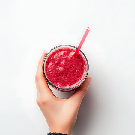 Woman's hand holding a glass of berry smoothie on white backgroundの写真素材