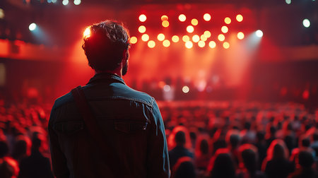 crowd in front of bright stage lights during a music festival.の写真素材
