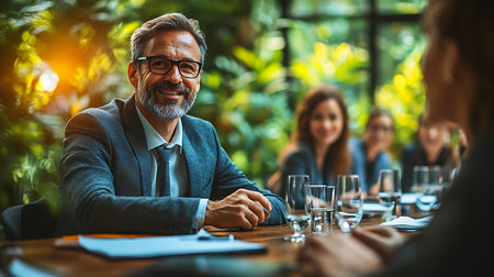 Group of business people having a meeting in a conference room. Businessman is sitting at the table and smiling.の素材