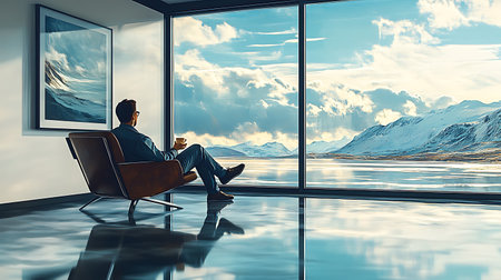 Young businessman sitting in chair in modern office interior with panoramic windowの素材