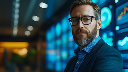 Portrait of handsome bearded businessman in suit and eyeglasses at office.の素材