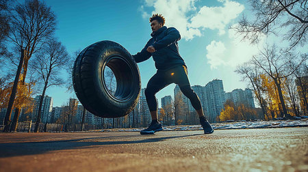 Running man. Athlete jogging with tire in the park.の素材