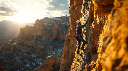 Male climber climbs on a rocky wall against the backdrop of the setting sunの素材