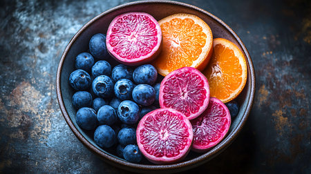 Blueberries, oranges and grapefruits in a bowl on rustic backgroundの素材