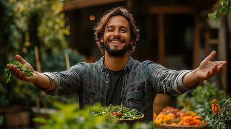 Portrait of a smiling young man standing in the garden and holding vegetable saladの素材