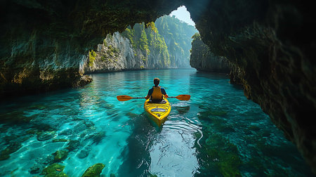 Kayaking in the turquoise water of the island of Phi Phi, Thailandの素材