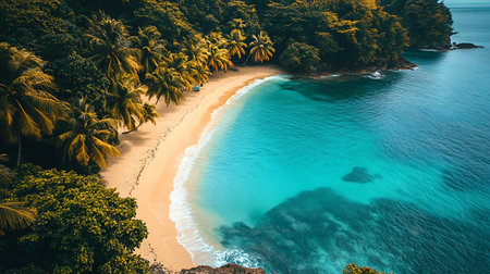 Aerial view of beautiful tropical beach with coconut palm tree at Seychellesの素材