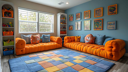 Interior of children's room with orange sofa and colorful pillowsの素材