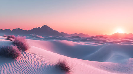 Desert landscape with sand dunes and mountains at sunset. 3d renderの素材