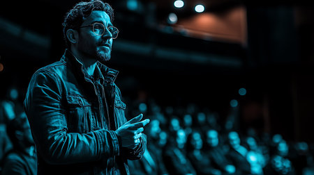 Portrait of a handsome man with glasses and a beard in a jeans jacket on the background of the stage.の素材