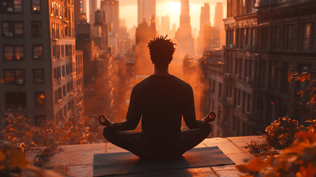 Man practicing yoga in New York City at sunset. Concept of healthy lifestyle and relaxation.の写真素材