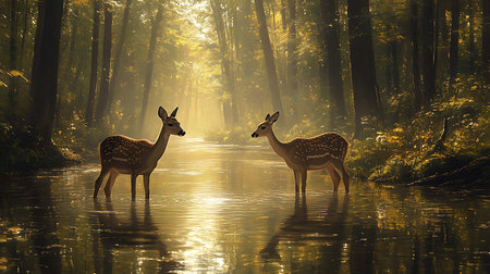 Two deer in the misty forest at sunset. Wildlife scene.の写真素材