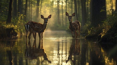 A pair of whitetail fawns in the morning light.の写真素材
