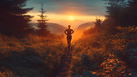 Fitness woman trail runner running at beautiful sunset in the mountains.の写真素材