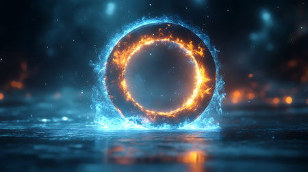 Flaming circle. Glowing circle on dark background. 3D renderingの写真素材